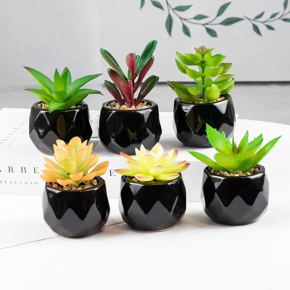 Black Ceramic Potted Mini Artificial Green Succulents Plant Bonsai Set Fake Flower With Vase Home Balcony Decor Desktop Ornament