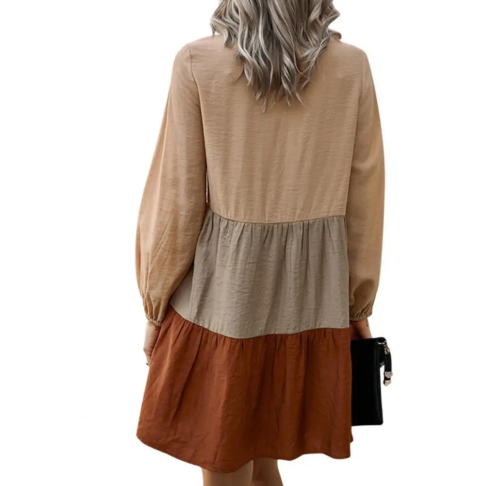 

Fashion Women Autumn Long Sleeve Color Block Large Hem Buttons Mini Loose Dress