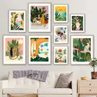 Абстрактная девушка монстера растение Ягуар настенная Картина на холсте скандинавские плакаты и принты настенные картины для гостиной Бохо Декор