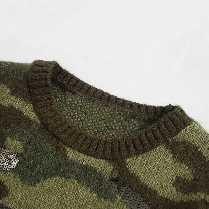 RR расшитые блестками камуфляжные свитера женские модные с круглым вырезом