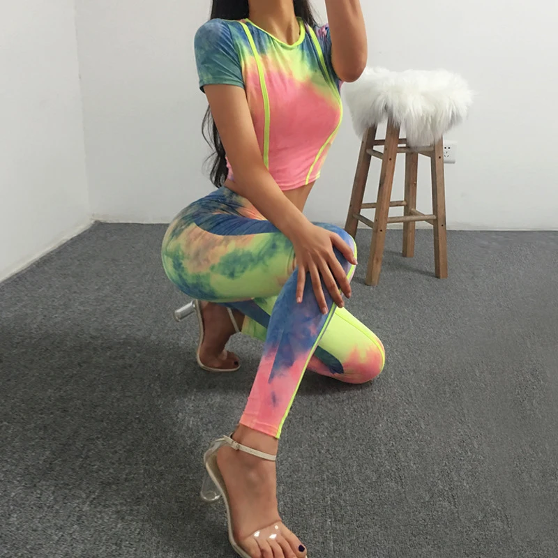 Zhangyunuo Yoga Set Fluorescent Short Sleeve Top Trousers Gym 2 Piece Workout Active Multicolor Suit Women Sexy Fitness Clothing | Спорт и