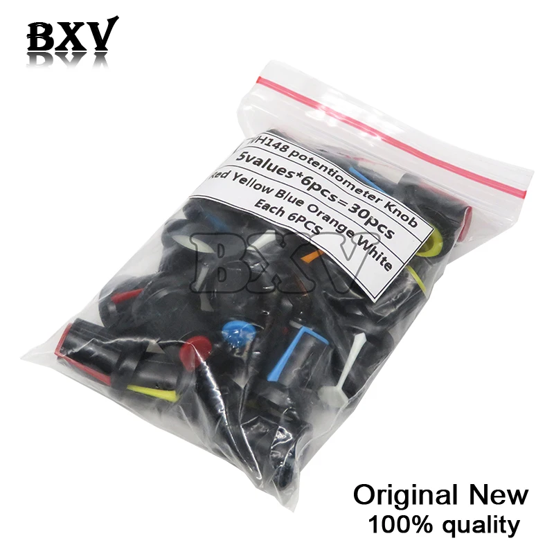 30 шт./лот ручки потенциометра 15x17 мм 6 мм WH148 потенциометр B10K цветная ручка Крышка желтая Оранжевый Синий Белый Красный 5 значений * 6 шт. = 30 шт.