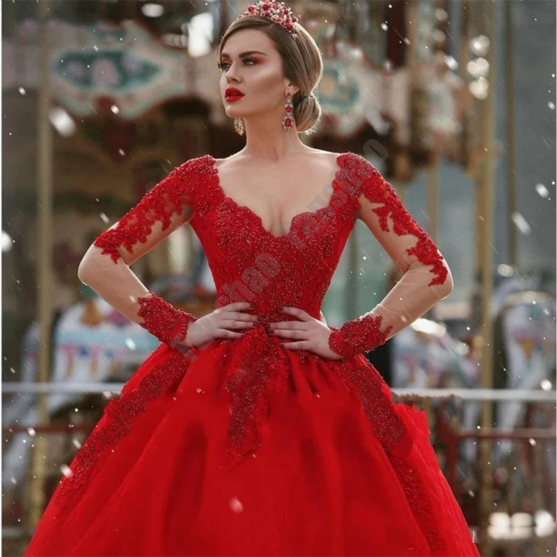 Exquisite Red Wedding Dresses V Neck Full Sleeve Ball Vestito da sposa Gown Appliques Beads Robe de mariee |