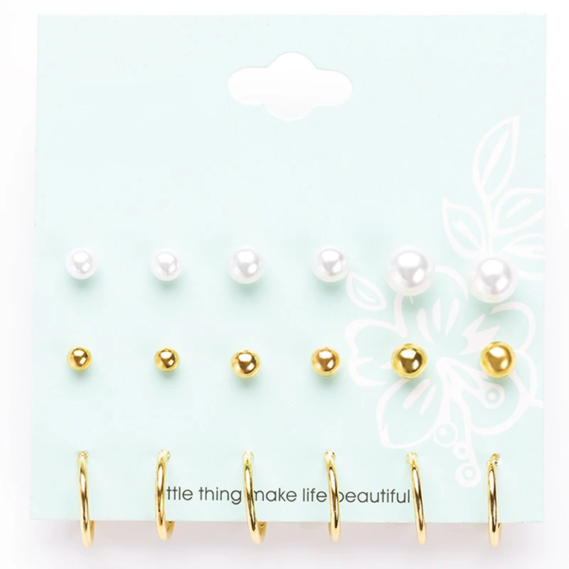 Модные смешанные серьги-гвоздики с жемчугом золотого/серебряного цвета 9 парт/уп.