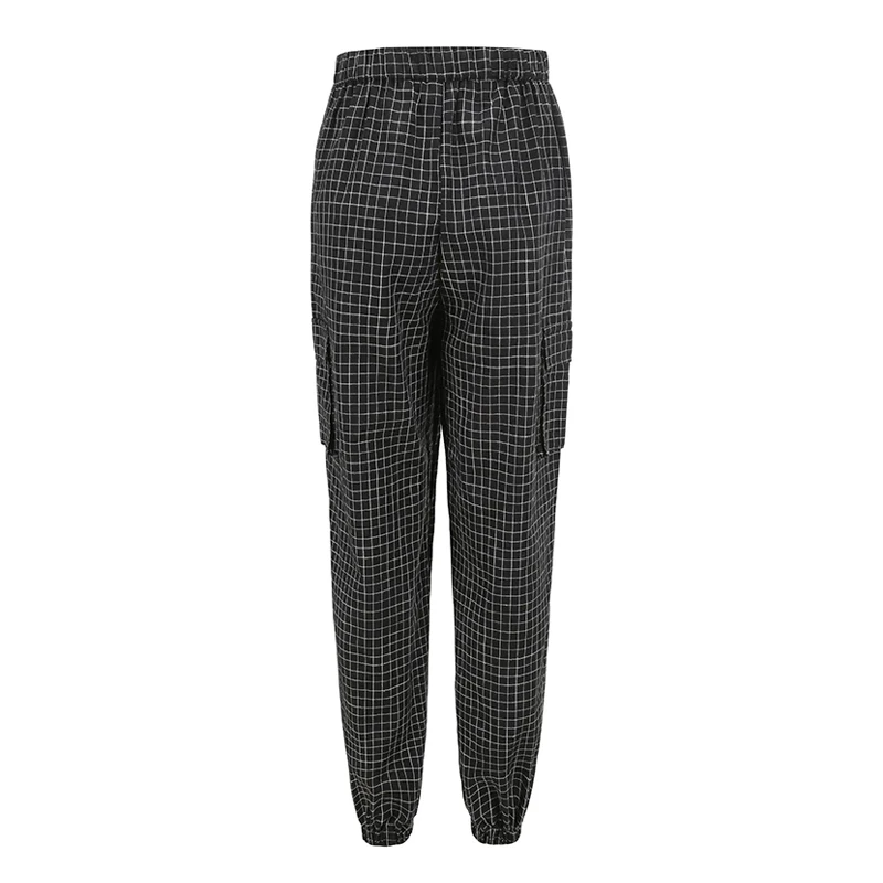 Женские винтажные клетчатая Высокая талия черные длинные брюки Карго спортивные