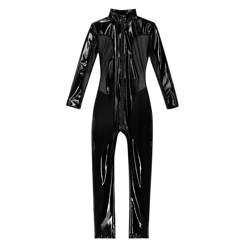 Womens Jumpsuit One-piece Wet Look Patent Leather Sheer Mesh Patchwork Mock Neck Long Sleeves Leotard Bodysuit Catsuit Clubwear | Женская