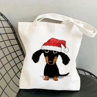 shopper doxie clause santa dachshund kawaii bag harajuku women shopping bag canvas girl handbag tote bag shoulder lady bag