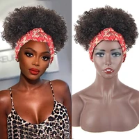 drawstring high puff turban ponytail synthetic short afro kinky curly ponytail headwrap afro curly ponytail 2 in 1 headband wig