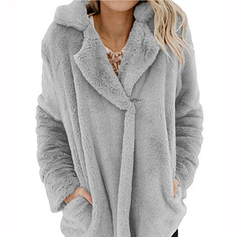 Женское шерстяное пальто с карманами теплое свободное флисовое средней длины