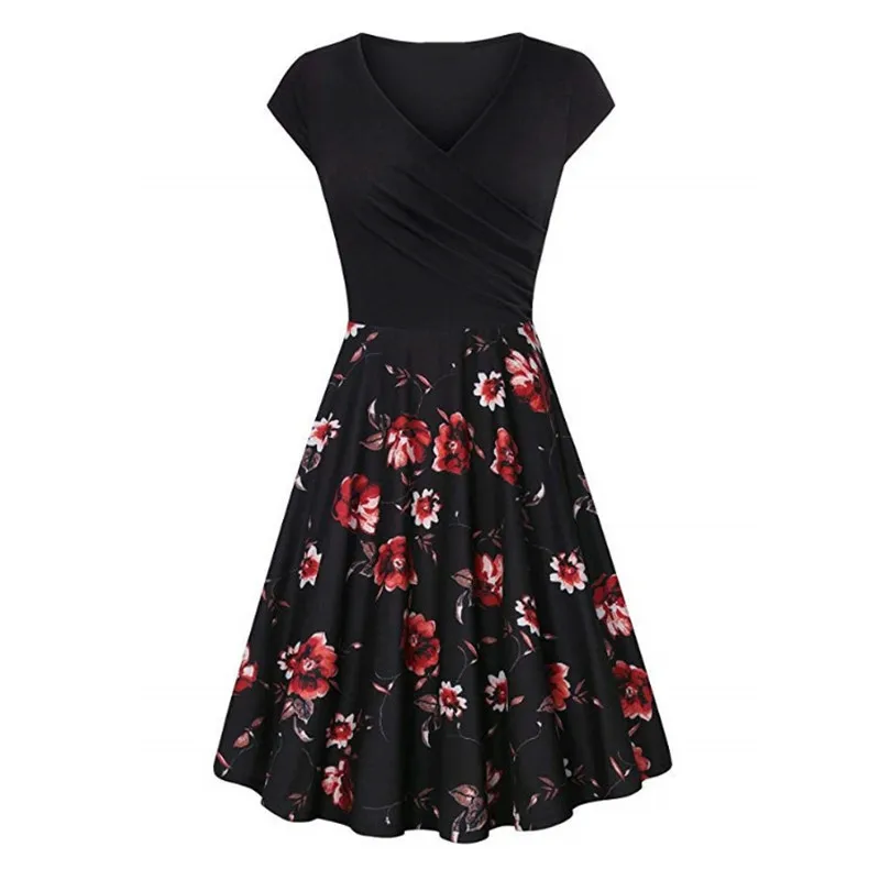 

Casual Female Summer Floral Print Slim Mini Dress 2021 Sexy V-Neck Big Swing Stitching Retro Sundress Women Plus Size4XL Dresses