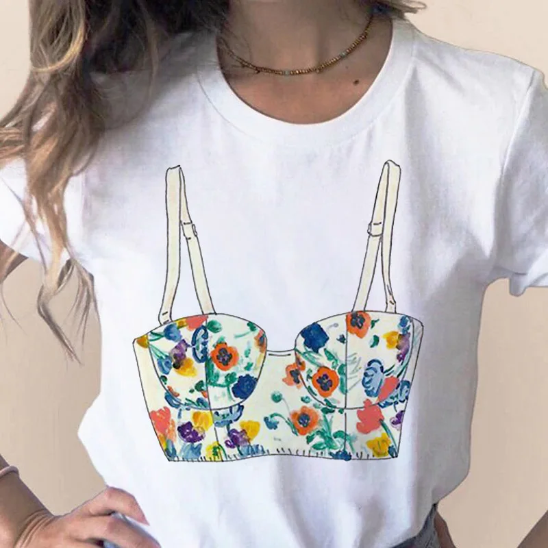 

2021New Summer Fashion Bra Graphic Print Lady Tshirt Beautiful White Round Neck Short Sleeve Casual Simple Female T Shirt