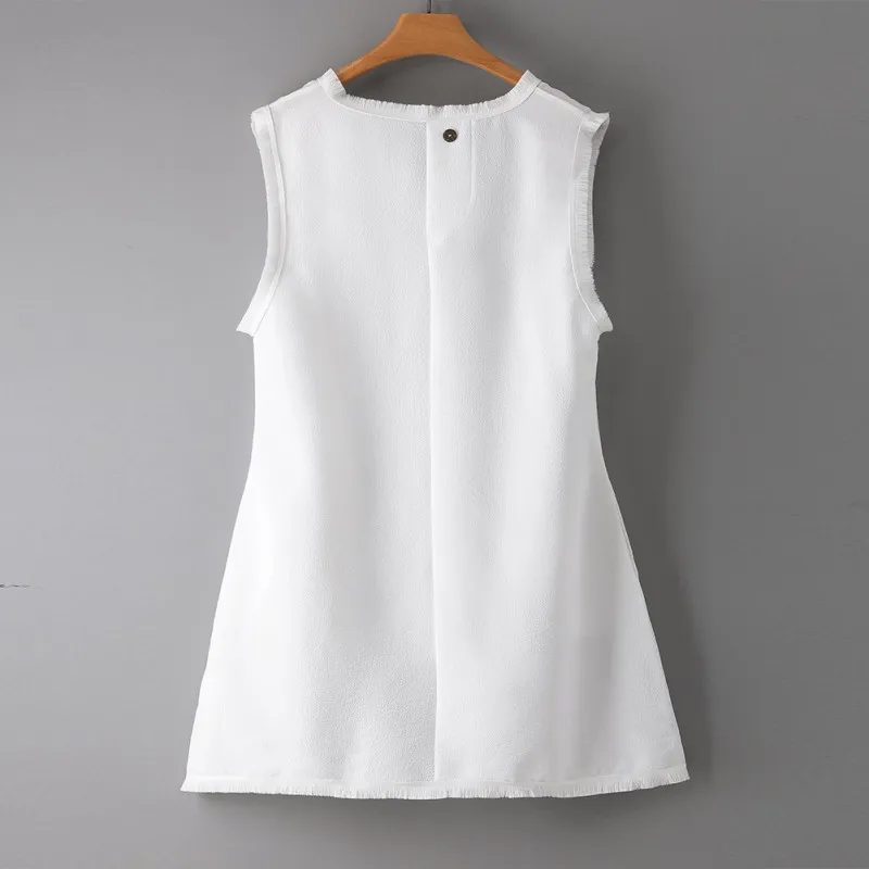

Women Summer Round Neck Vest loose straight dress Solid Color Round Neck dress Solid Color White Tassel Casual Sleeveless Dress
