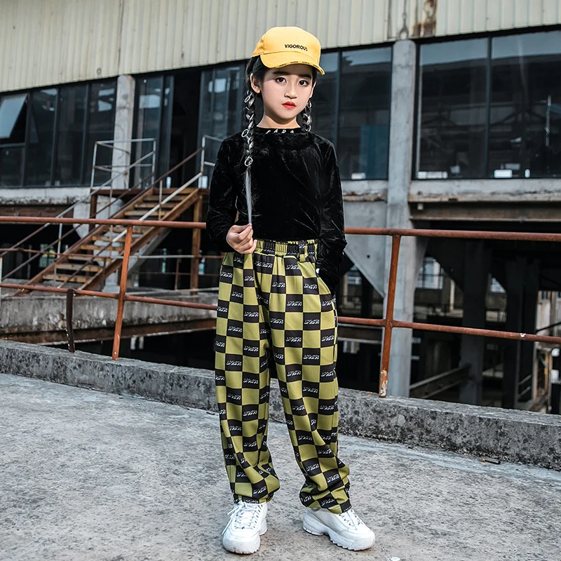 Детские костюмы в стиле хип-хоп Модный черный топ с длинными рукавами для девочек