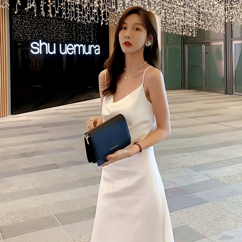

High-end luxury triacetate silk suspender dress female summer long temperament summer silk suspender dress