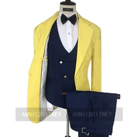 2021 yellow suit men 3 pieces custom made slim fit wedding groom suit dress tuxedo dinner party business blazer vest pants set