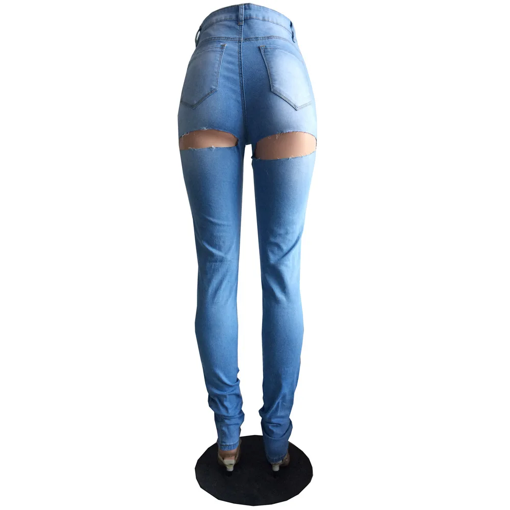 

2020 New Arrival Summer Style Female Fashion Sexy Summer Ripped Hole Solid High Waist Hot Night Club Denim Pencil Pants