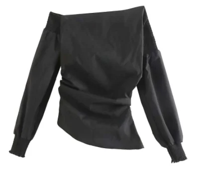 Женская Стильная черная блузка на одно плечо с длинным рукавом Однотонная