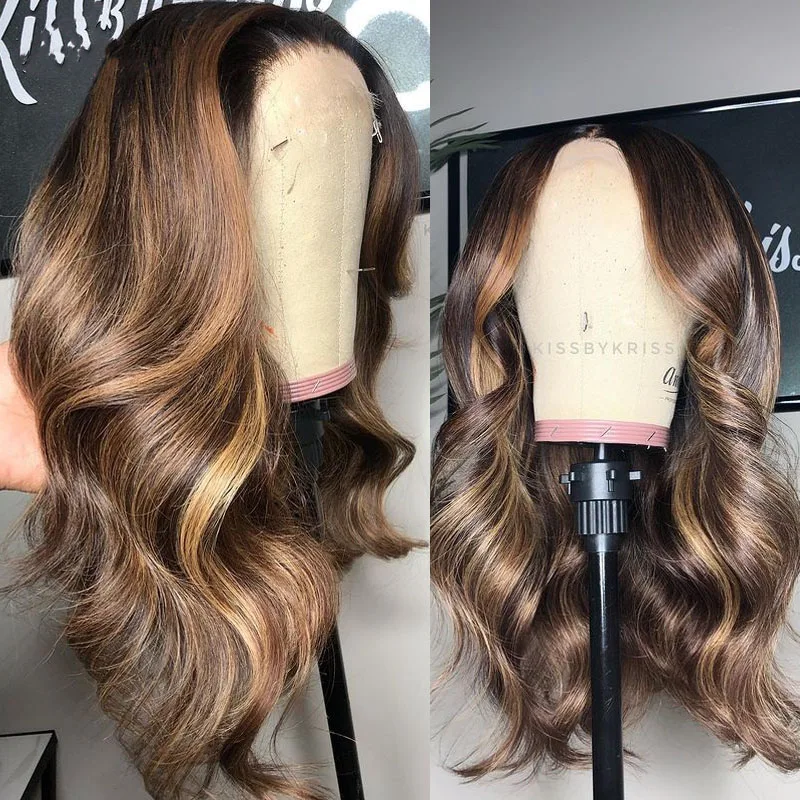 

Natural Wave Highlight Brown Lace Front Wig With Baby Hair Pre Plucked 20 Inches Long Human Hair Wigs For Black Women Daily Wear