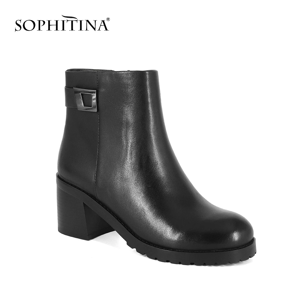 

SOPHITINA 2019 Matal Decoration Ankle Boot Basic Round Toe Solid Cow Leather Shoe Handmade With Warm Lining Boots For Winter M91