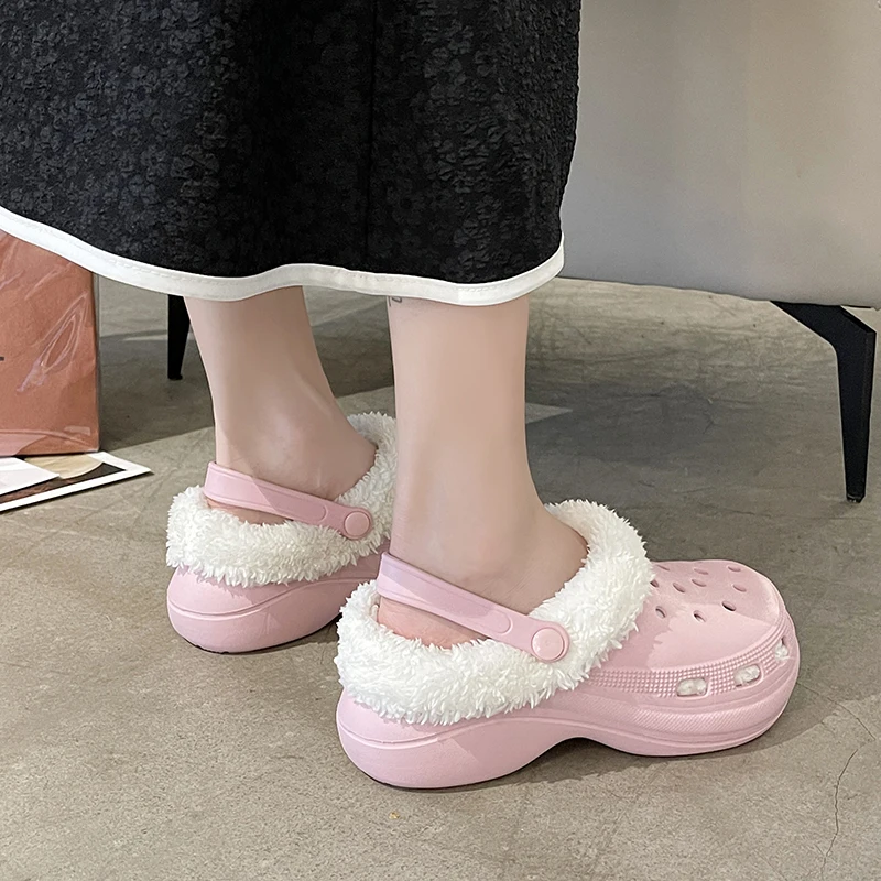 

Winter Women Slippers 5cm Platform Clogs Warm Furry Slippers Female Fur Indoor Home Cotton Shoes Fluff Slides Plush Slippers 40