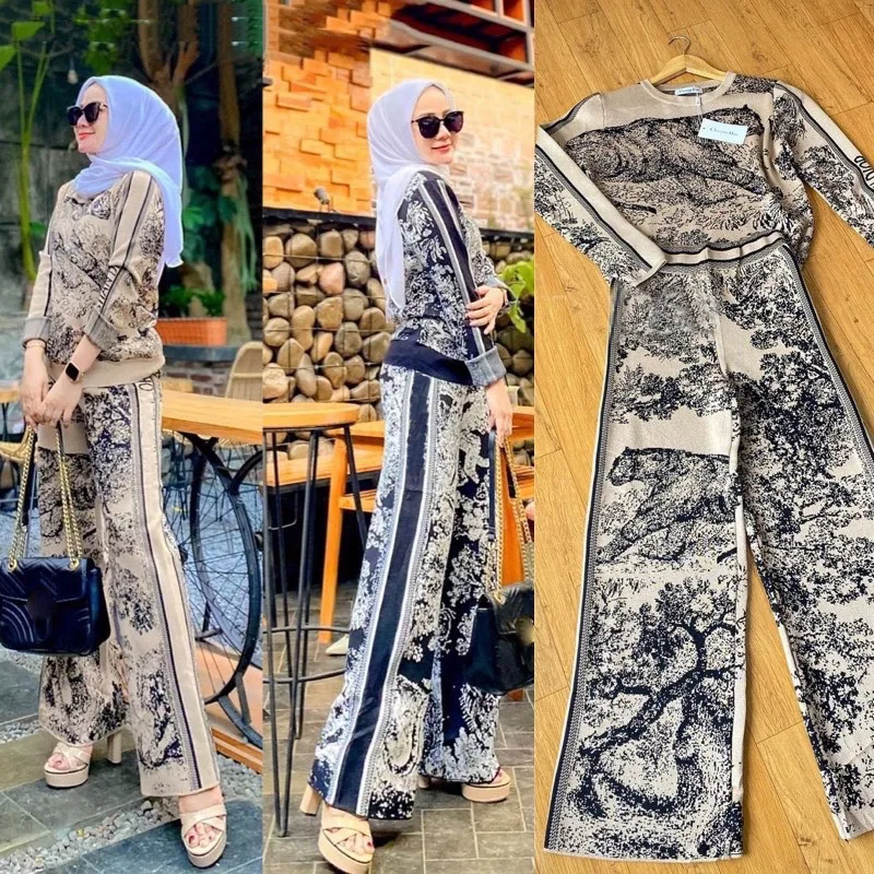 2 шт. Женский трикотажный костюм с рисунком леса пуловер и брюки в мусульманском