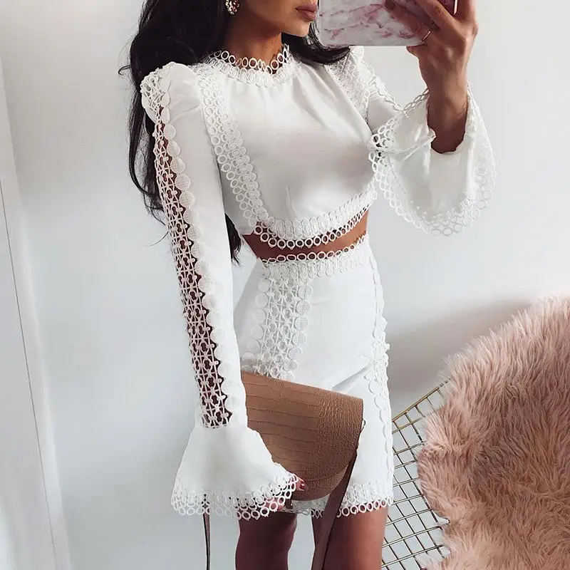 Misswim Sexy white lace bodycon dress women 2019 Autumn mini female Flare sleeve winter two piece suit elegant party | Женская одежда