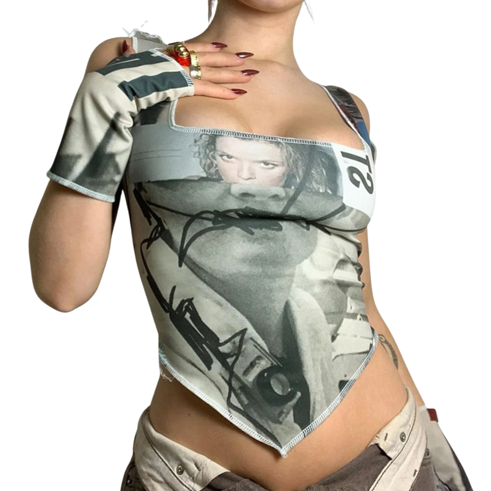 

Women Square Neck Tank Tops, Trendy Sleeveless Abstract Print Hanky Hem Camisole