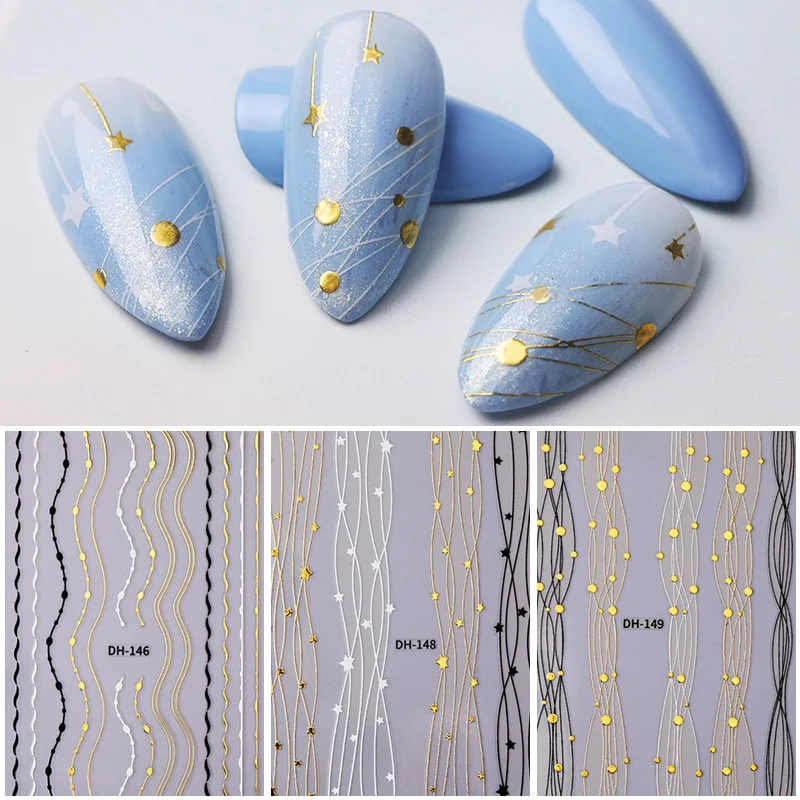 

1 Pcs 3D Nail Stickers Gold Black Linear Nail Sticker Transfer Various 3D Adhesive Nail Decoration Design