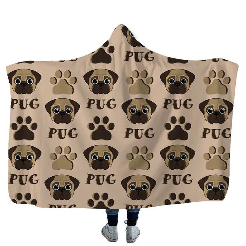 Одеяло с капюшоном рисунком бульдога для детей пушистое флисовое покрывало