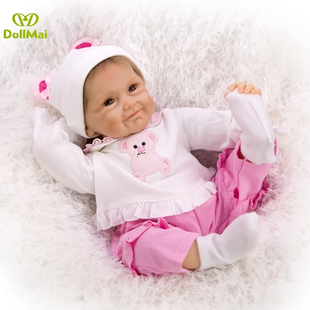 22" bebe doll reborn babies with pink cartoon bear clothes silicone dolls children Christmas gift toys bonecas | Игрушки и хобби