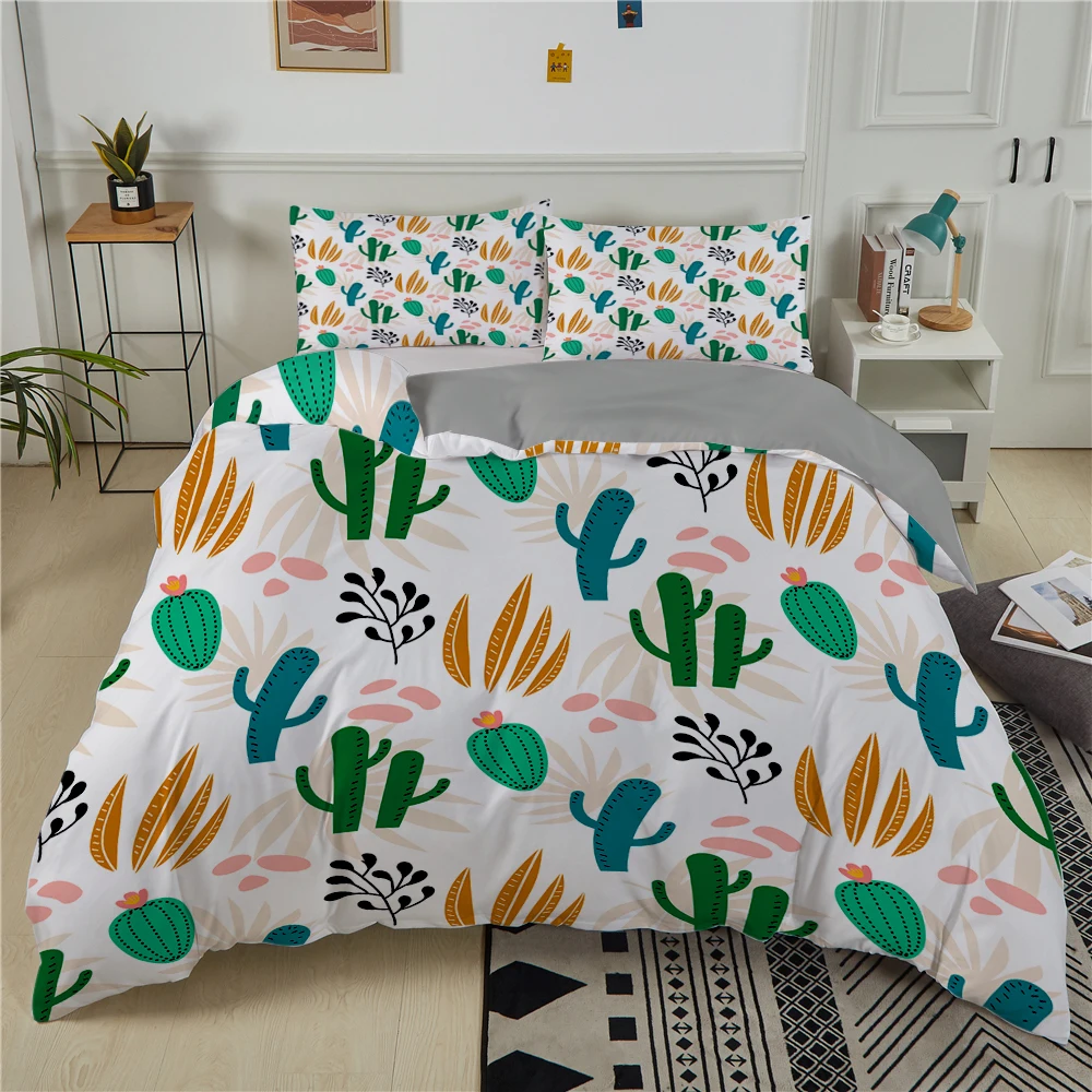

ZEIMON Cute Cactus King Queen Bedding Sets Plants Design Single Double Duvet/Quilt/Blanket Cover Set With Pillowcase Bedclothes