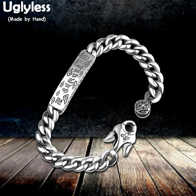 

Uglyless Cool Men 9MM Thick Bracelets Thai Silver Real 925 Silver Chains Bracelet Six-word Mantra Buddhistic Gifts Jewelry BR334