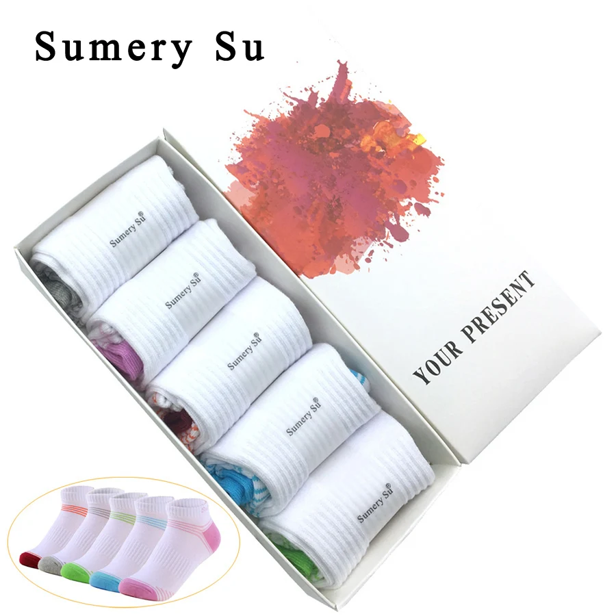 5 Pairs/Box Women Sports Socks Cotton Cute Colorful Stripe Outdoor Gym  Athletic Running White Grey Sock Girl 2 Styles Hot Sale