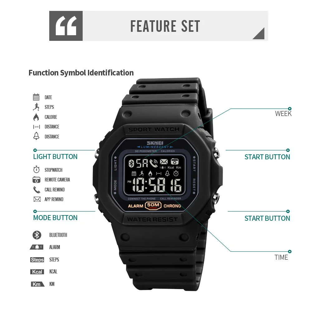 

2020 SKMEI Smart Watch Bluetooth Smartwatch Phone Call APP Remind 50M Waterproof Heart Rate Monitor Multi Function Wristwatch