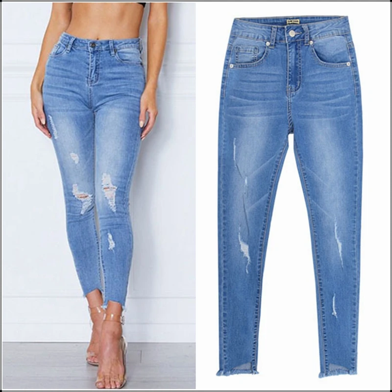 

Women Blue Slim Stretch Pencil Jeans Sexy Distressed Torn Hole Irregular Ankle Skinny Denim Pants Casual Europe Streetwear Jeans