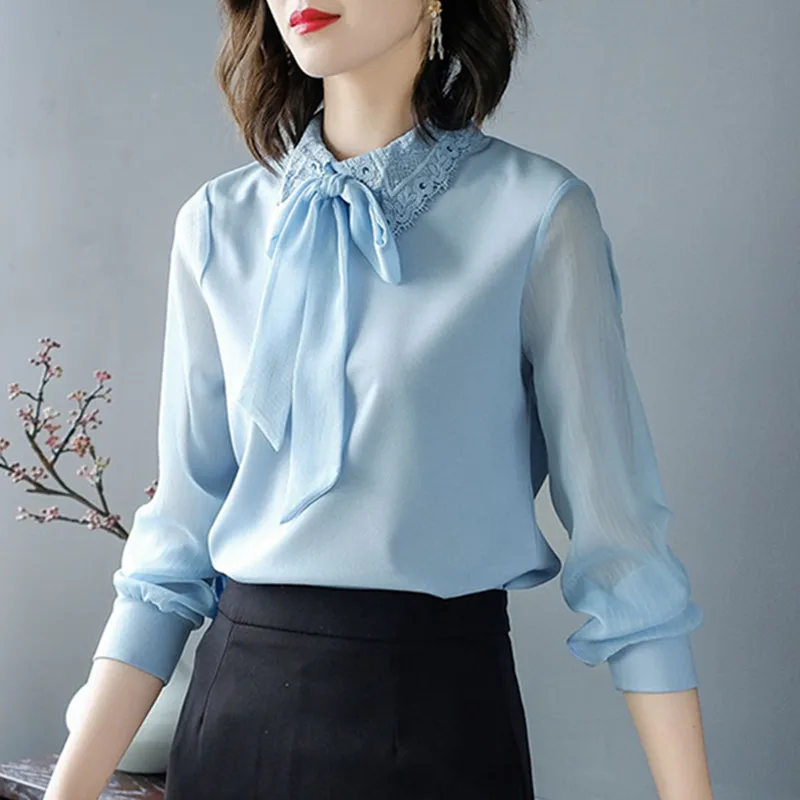 Корейские модные женские блузки элегантная женская шифоновая рубашка с бантом