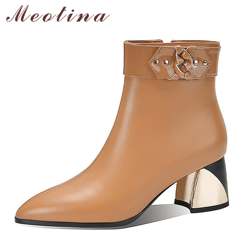 

Женские ботильоны с острым носком Meotina, полусапожки из натуральной кожи на толстом высоком каблуке, на молнии, Осень-зима, абрикосового цвет...