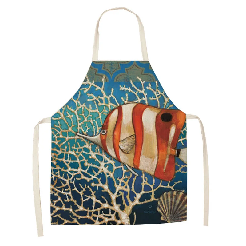 

Creative Sea Printed Women Kitchen Apron Cotton Linen Sleeveless Chef Cooking Aprons Kitchen accessories 68*55cm 0079