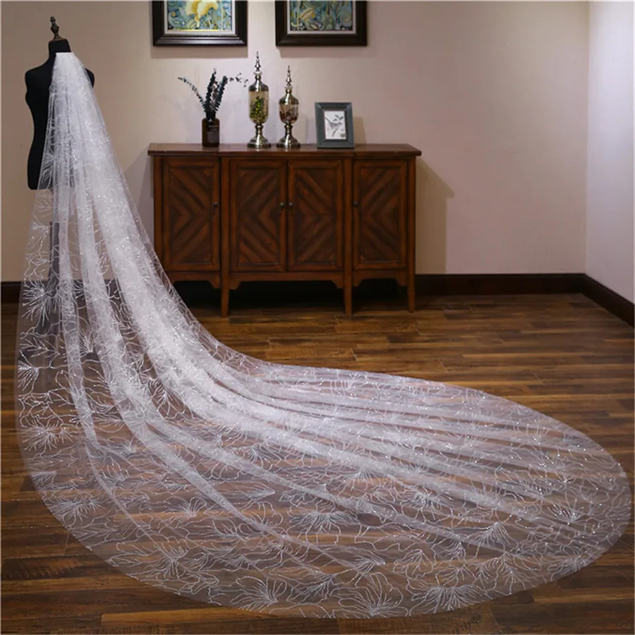 

Full Sequins Long Women Bride Veil Spray Gold Star Veil Ivory Bridal Head Veil 3.5M 5M With Comb Bling Bling Formal