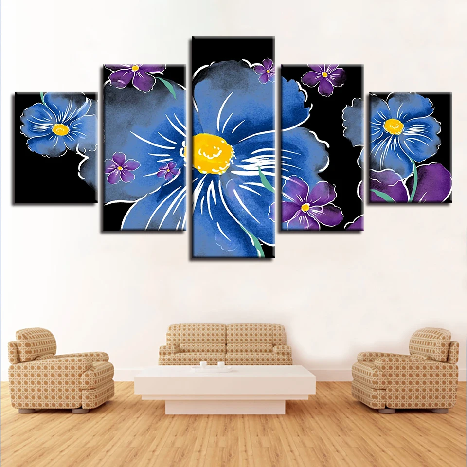 Картины на холсте модульные настенные художественные 5 шт. синие и фиолетовые