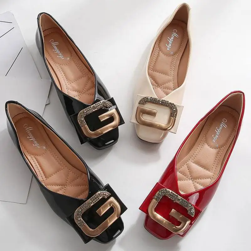 Туфли женские из лакированной кожи квадратный носок Хрустальная подошва без