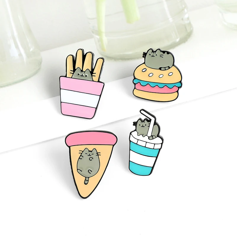 

QIHE Jewelry Fat Cat & Fast Food Enamel Pins Hamburg Coke French fries Pizza Brooches Clothes Badges Hunger Pin Gifts for Friend