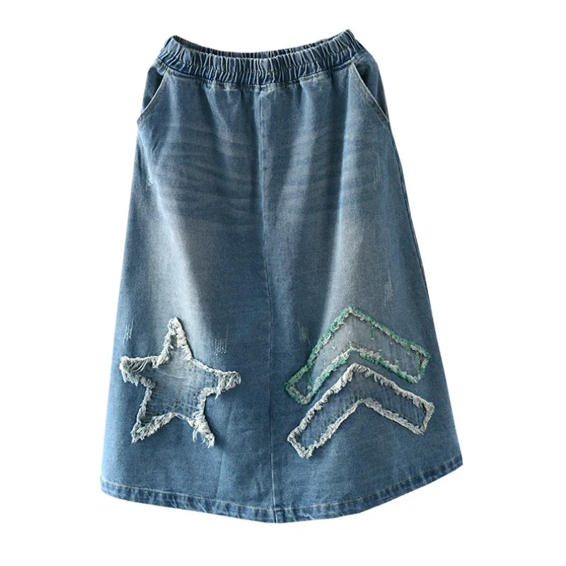 

pale wash jeans Denim skirt star pattern midi Women skirts