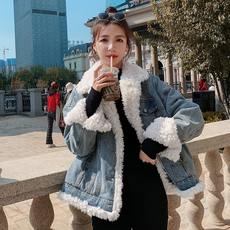 

Unua amo Winter Lambswool Denim Jacket Women Korean Style Fashion Loose High Quality Thick Warm Fluff Jean Coat Female YY072A