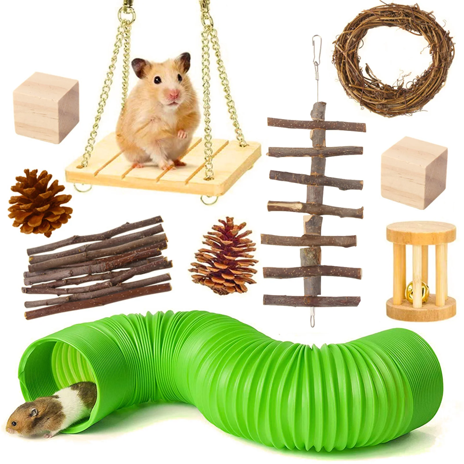

10PCS/lot Fun Natural Wooden Hamster Toys Hamster Chew Toy Set Apple Branch Pine Cones Molar Ring Pet Supplies