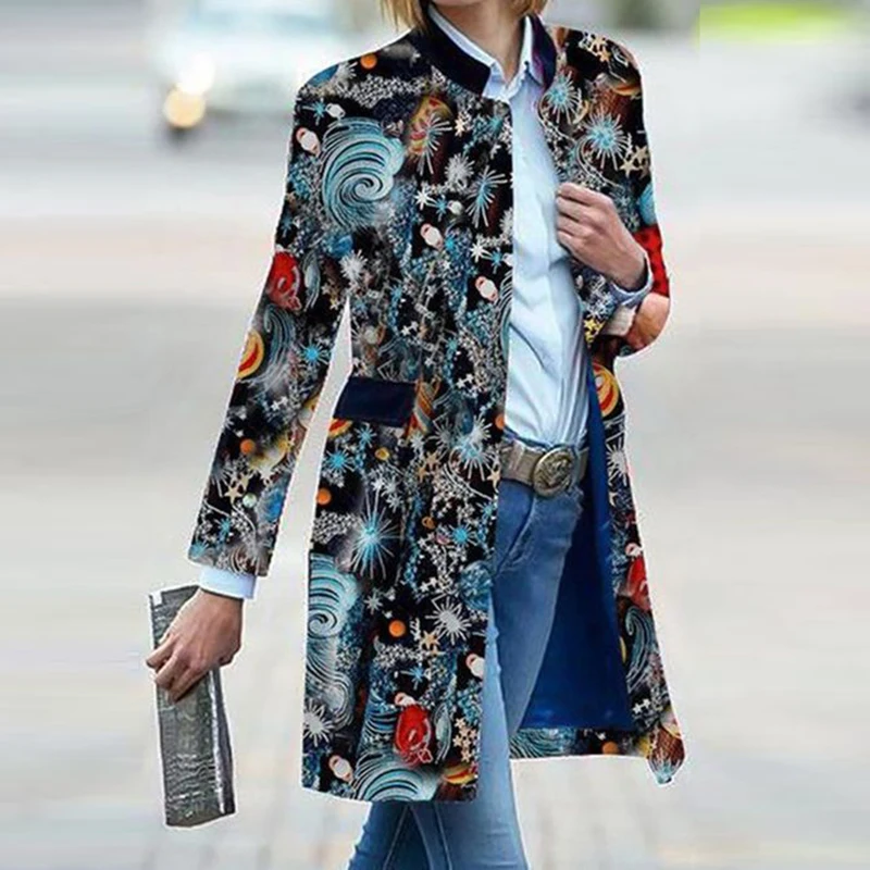 Женское длинное пальто с воротником-стойкой теплое винтажным принтом для офиса