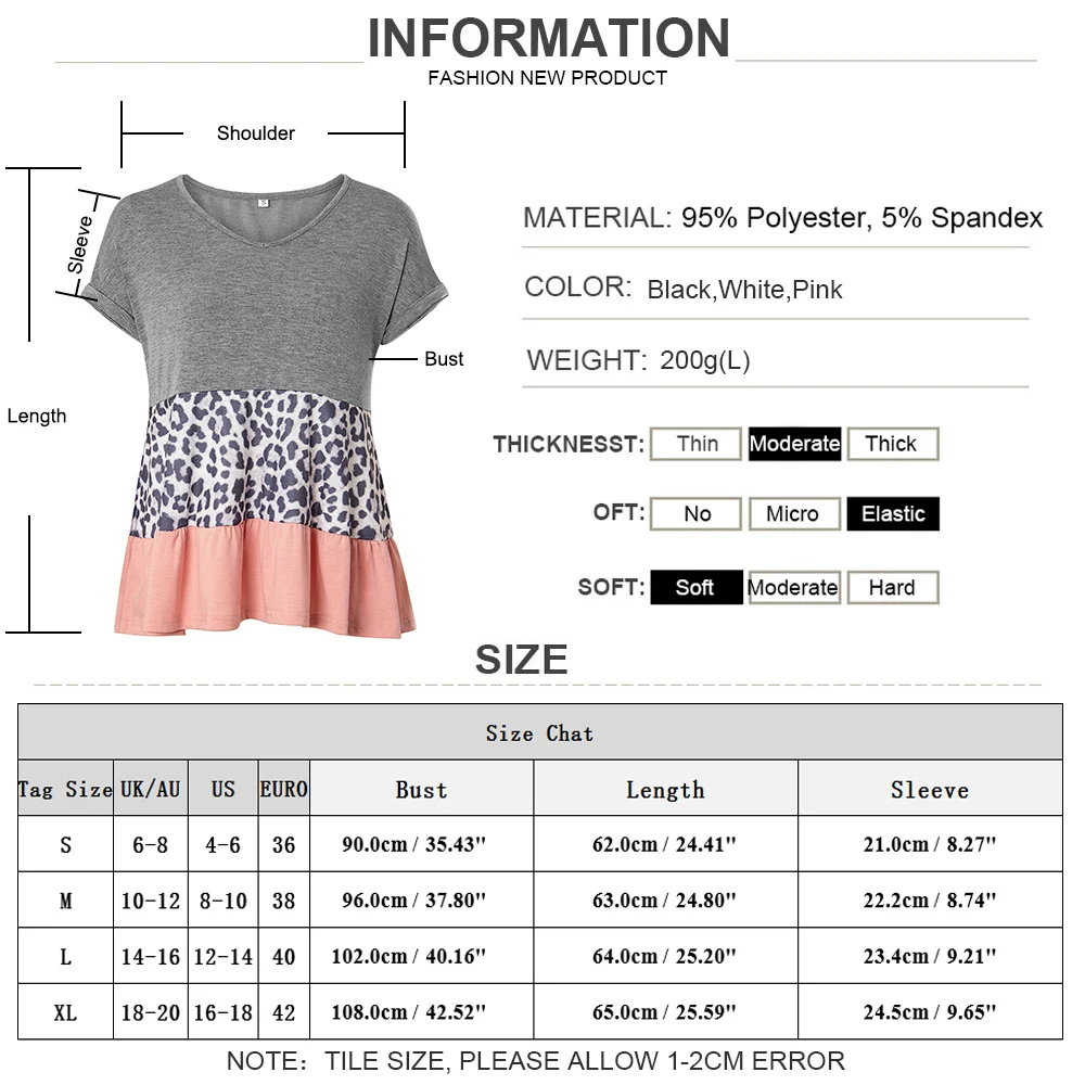 

Womens V-Neck Flare Ruffle Swing T-Shirts Leopard Print Patchwork Loose Tunic Tops Summer Ladies Fashion Basic Style Tees D30