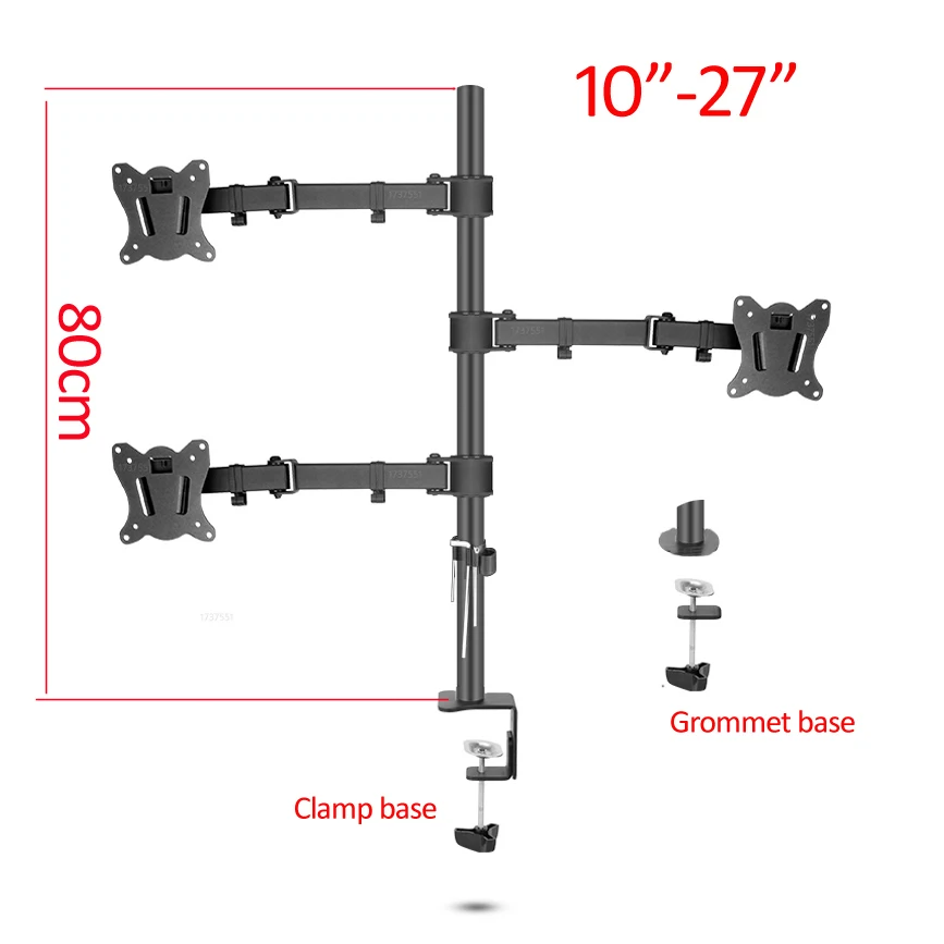 (80cm) DL-T902-380II Full Motion three Monitor desktop stand Holder 10"-27" clamp grommet hole base PC Mount foldable Arm 12kg