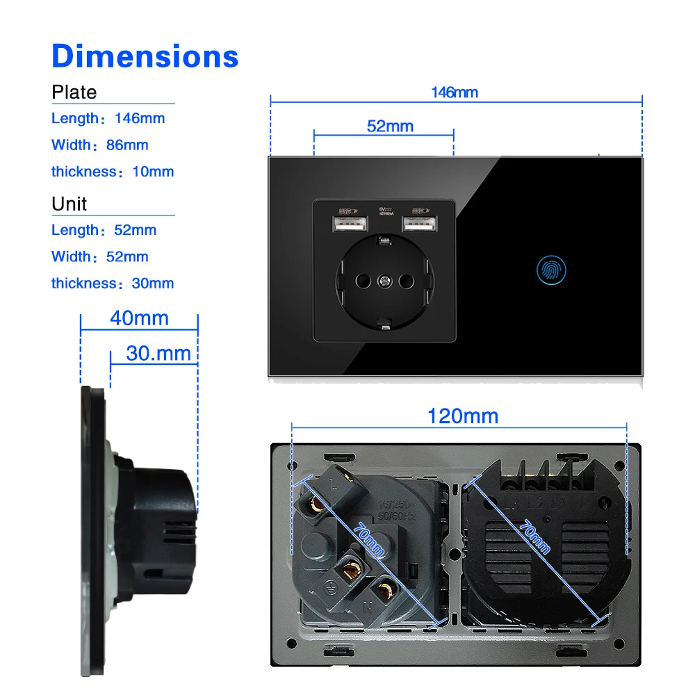 AXUS Light Touch Switch With EU Power Wall USB Sockets Black Led Switches 1/2/3Gang 1Way Crystal Panel Dark Blue Backlight |