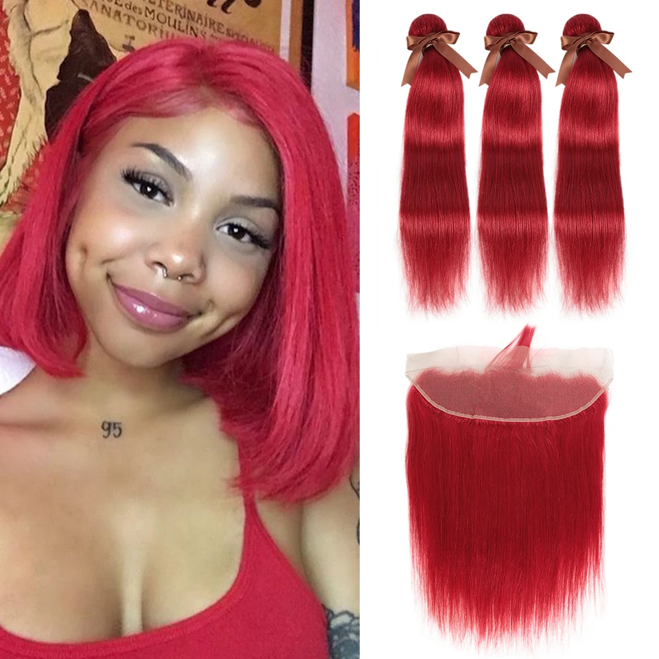 Remy Forte Straight Hair Bundles With Closure Red Bundles With Frontal Remy Brazilian Hair Weave Bundles 3/4 Red Hair Bundles